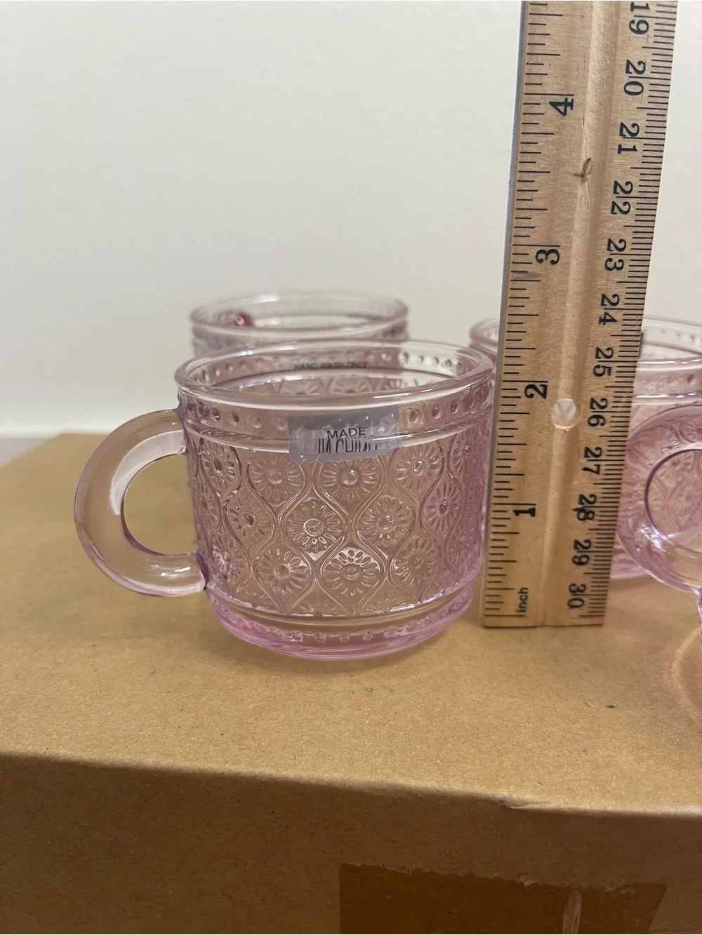 Claro by Godinger Pink Rose Embossed Glass Sandwich Tea Cups